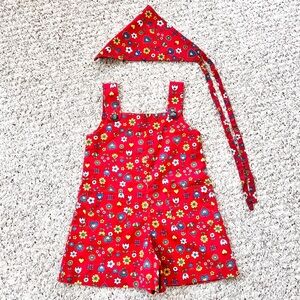 Vintage Handmade Red Floral Romper Overalls and Bandana Headscarf